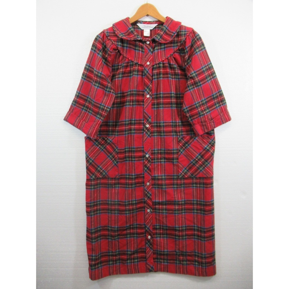 Vermont Country Store Flannel Nightgown Women Medium Red Plaid Pockets Snap Up